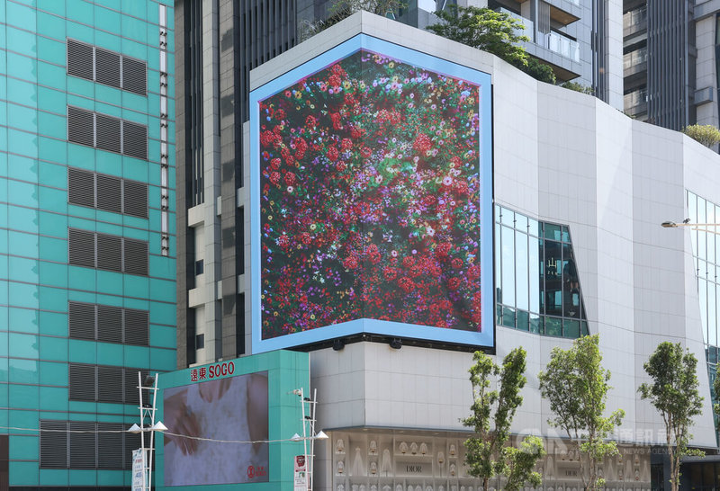 日本攝影家蜷川實花以最新展覽系列「瞬間的永恆」推出首支3D裸視作品,即日起至8月18日在新光三越Diamond Towers二館外牆亮相,成為台北東區打卡焦點。中央社記者趙世勳攝 113年5月10日