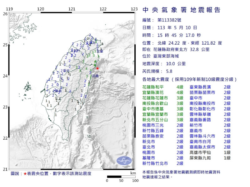 10日下午3時45分發生芮氏規模5.8地震。（圖取自中央氣象局網頁cwa.gov.tw）