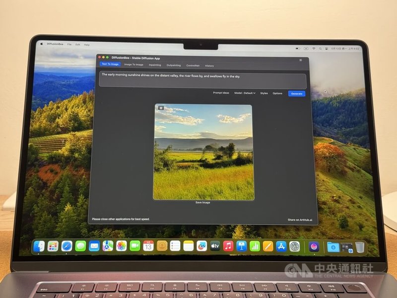 搭載蘋果M3自研晶片的MacBook Air筆記型電腦在台灣開賣後陸續到貨，多次測試使用人工智慧（AI）繪圖軟體DiffusionBee輸入指令，生成一張圖片的時間都在25秒內。中央社記者吳家豪攝 113年5月13日