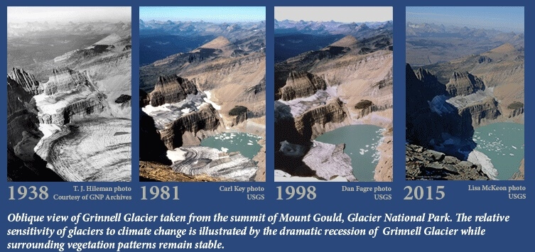格林奈爾冰河1938年至2015年面積逐年縮減。（圖取自美國地質調查局網頁usgs.gov）