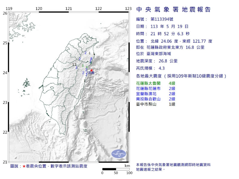 東部海域19日晚間發生規模4.3地震。 （圖取自氣象署網頁cwa.gov.tw）