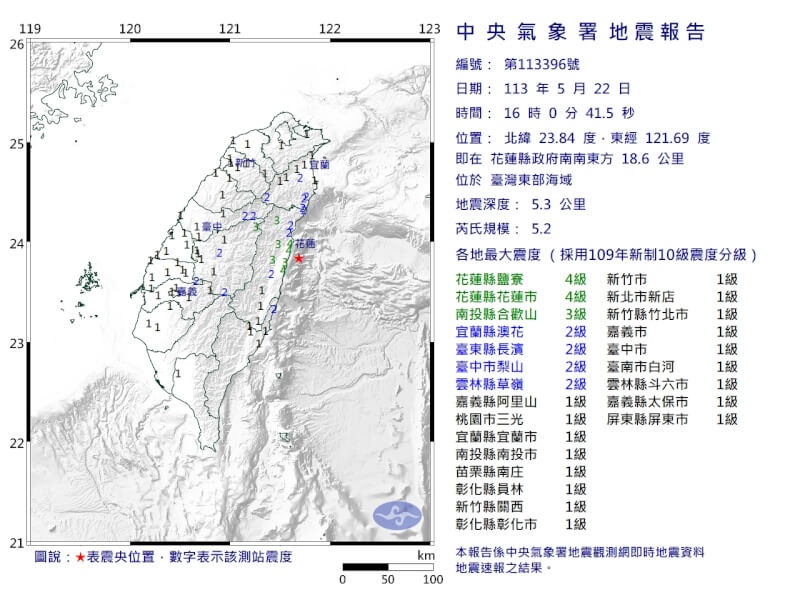 22日下午4時0分發生芮氏規模5.2地震，地震深度5.3公里，震央位於台灣東部海域，最大震度花蓮縣4級。（圖取自中央氣象署網站cwa.gov.tw）