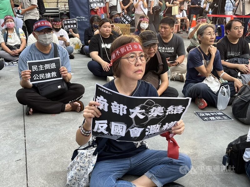 台灣基進黨23日在國民黨高雄市黨部前舉辦「反國會濫權、南部大集結」活動，在台港人61歲黃小姐（前）表示，自己10年前從香港逃到台灣，沒想到現在卻要站出來反抗國民黨、民眾黨。中央社記者林巧璉攝  113年5月23日