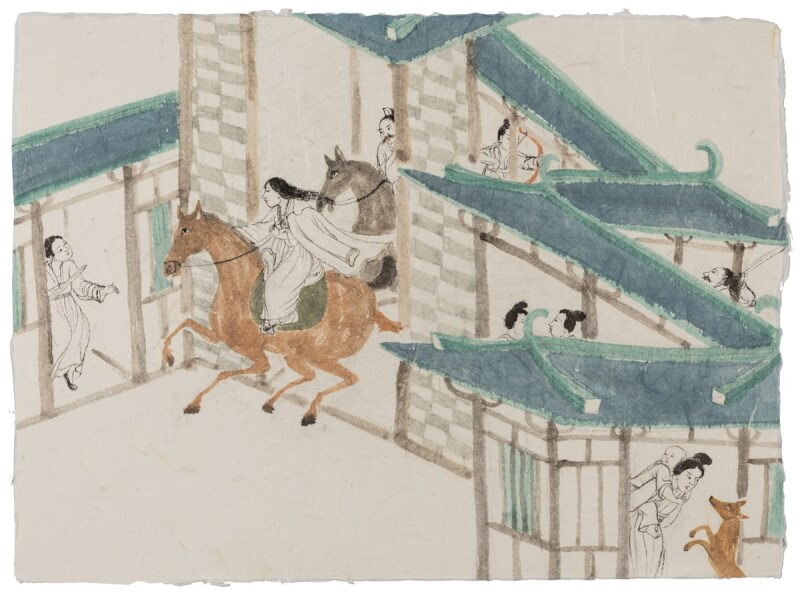 中國藝術家彭薇25日起在台北耿畫廊推出個展「記憶的宮殿」，以近50件繪畫和9部動畫錄像交互敘述，構築出一處以女性為主體的宮殿。圖為展品之一「有故事的房間」（No. 25）。（耿畫廊提供）中央社記者王寶兒傳真 113年5月25日