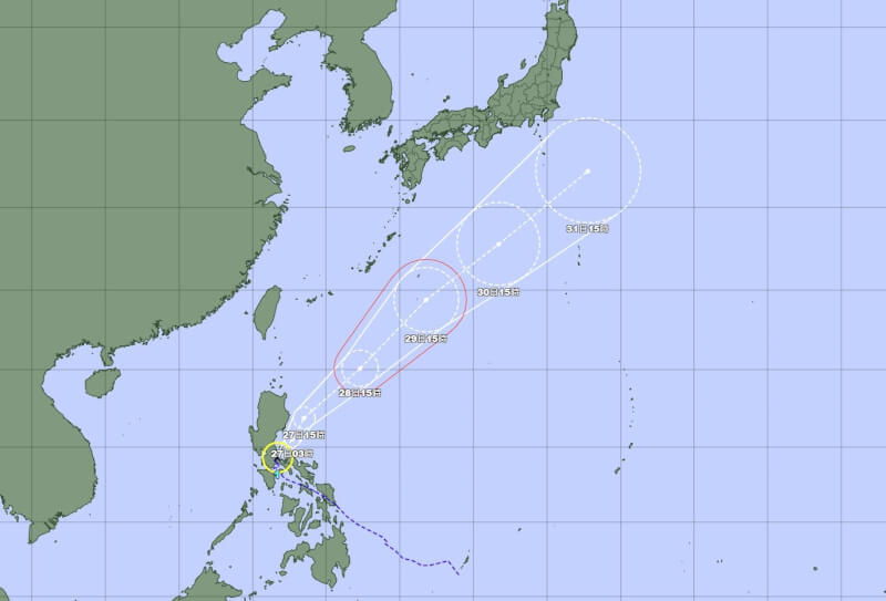 日本氣象廳26日下午3時預估颱風艾維尼路徑圖。（圖取自日本氣象廳網頁jma.go.jp）