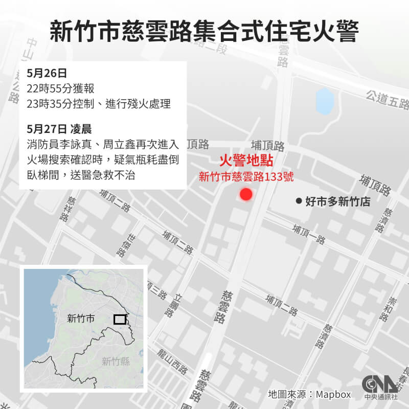 新竹市慈雲路集合式住宅晴空匯火警，造成2名消防員殉職。（中央社製圖）