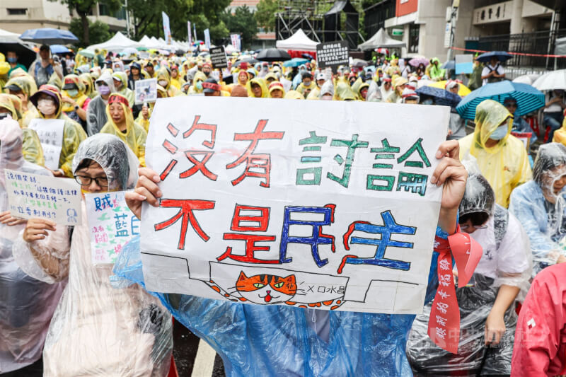 立法院28日續審國會職權法案，有民眾在立法院外圍持「沒有討論 不是民主」標語看板到場抗議。中央社記者鄭清元攝 113年5月28日