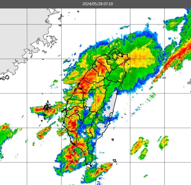 28日上午7時10分雷達回波圖。（圖取自中央氣象署網頁cwa.gov.tw）