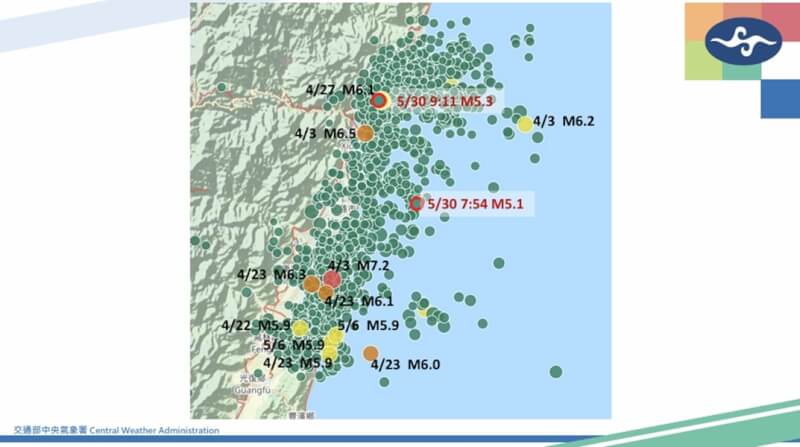 氣象署30日表示，花蓮東方海域上午2起規模5以上地震，皆為403地震的餘震。（中央氣象署提供）