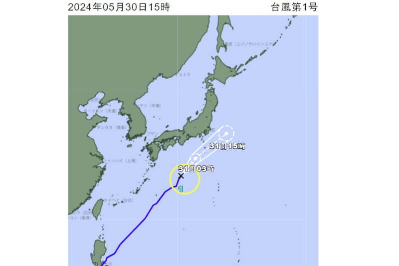 日本氣象廳下午3時45分公布的颱風路徑潛勢預測圖。（圖取自日本氣象廳網頁data.jma.go.jp）