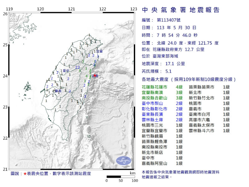 台灣東部海域30日上午7時54分發生芮氏規模5.1地震。（圖取自中央氣象署網頁cwa.gov.tw）