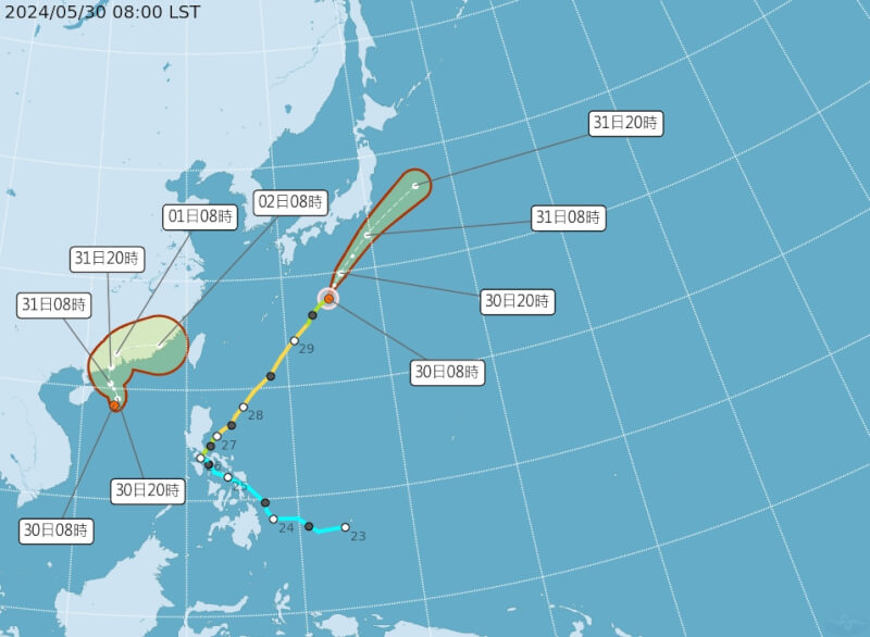 氣象署30日表示，在海南島東南東方有1個熱帶低壓（左）發展，將朝中國東南方沿海移動，有機會發展為今年第2號颱風馬力斯。（圖取自中央氣象署網頁cwa.gov.tw）