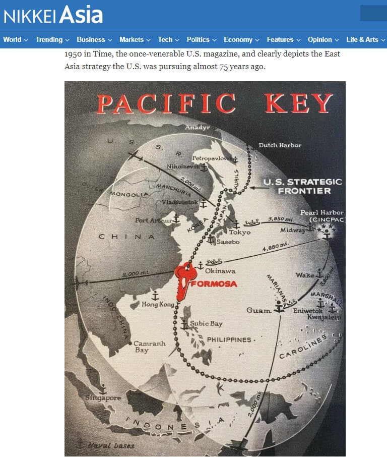 「時代雜誌」1950年刊載一份以台灣為中心的地圖，描繪出美國近75年前追求的東亞戰略。（圖取自日經亞洲網頁asia.nikkei.com）