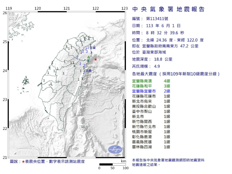 台灣東部海域（星號處）1日上午發生規模4.9地震。（圖取自中央氣象署網頁cwa.gov.tw）