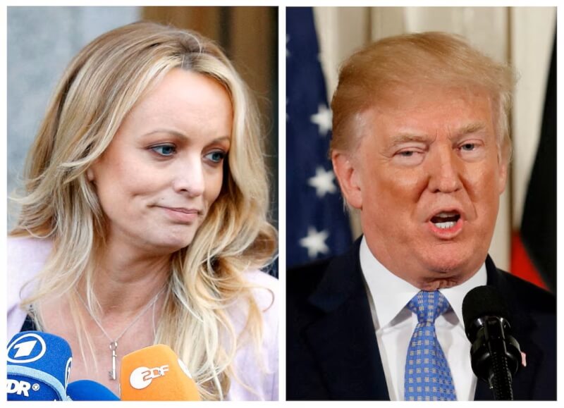 美國成人片女星「暴風女丹尼爾斯」（左）2日表態，認為美國前總統川普（右）應入獄。（路透社）