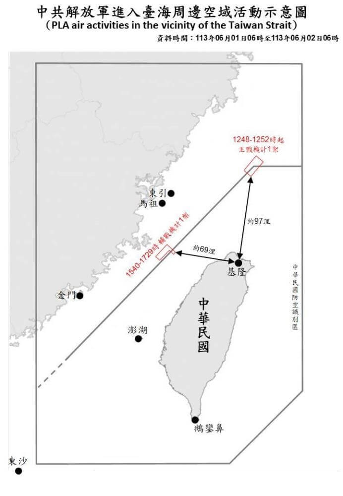 國防部6月1日上午6時至6月2日上午6時偵獲共機2架次，分別距離基隆約69浬、97浬。（圖取自國防部網頁mnd.gov.tw）