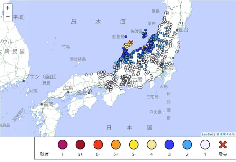 日本氣象廳指出，中部能登半島3日發生規模5.9地震。（圖取自日本氣象廳網頁data.jma.go.jp）