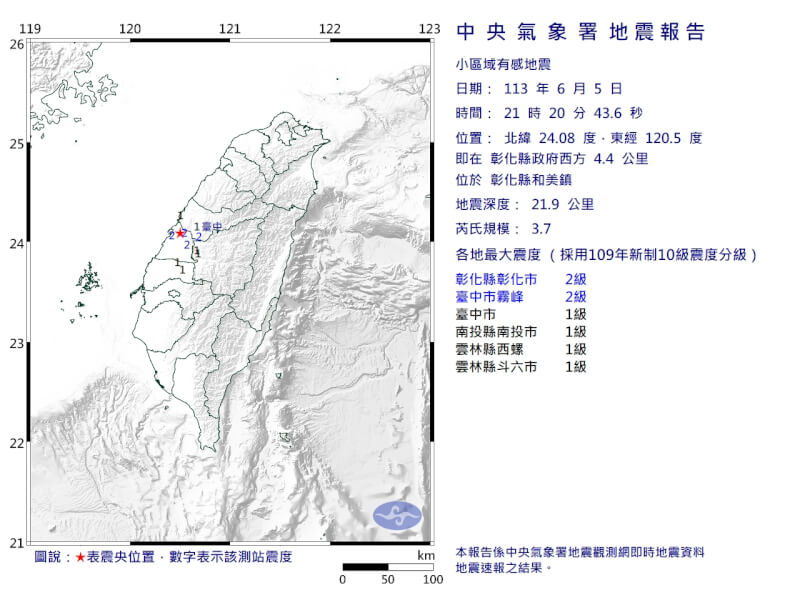 彰化和美5日晚間發生規模3.7的地震。（圖取自中央氣象署網頁cwa.gov.tw）