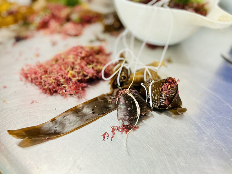 屏東海生館為讓魚類餌料豐富化及補充海洋生物營養素,飼育員會不定時在缸內放置高麗菜或其他蔬菜讓魚兒享用,配合端午節將至,也應景特製以藻類包裝成粽子模樣的餌料。(屏東海生館提供)中央社記者李卉婷傳真 113年6月7日