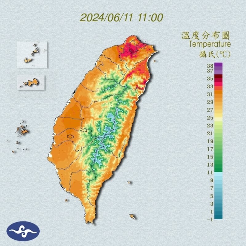 11日全台炎熱，中午前後高溫前3名皆位於台北市，以社子達36度最高。（圖取自氣象署網頁cwa.gov.tw）