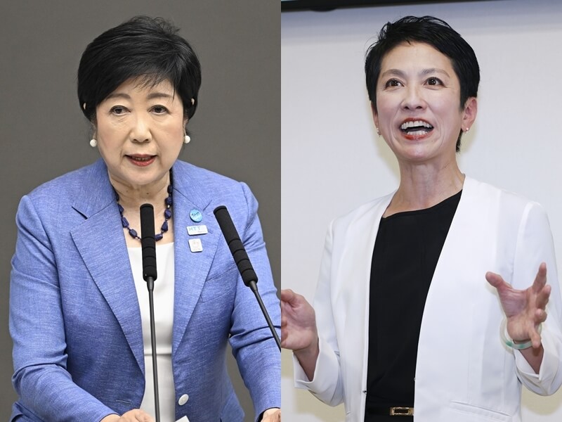 日本東京都知事小池百合子（左）12日宣布參選連任，台裔立憲民主黨參議員蓮舫（右）也將以無黨籍身分參選。（共同社）