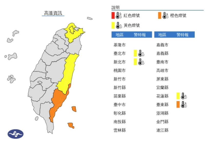 中央氣象署15日發布高溫資訊，中午前後台東縣為橙色燈號，有38度極端高溫出現的機率。（圖取自中央氣象署網頁cwa.gov.tw）