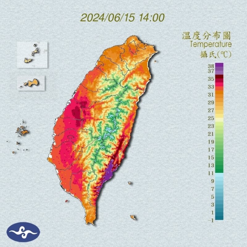 全台下午2時溫度分布圖。（圖取自中央氣象署網頁cwa.gov.tw）