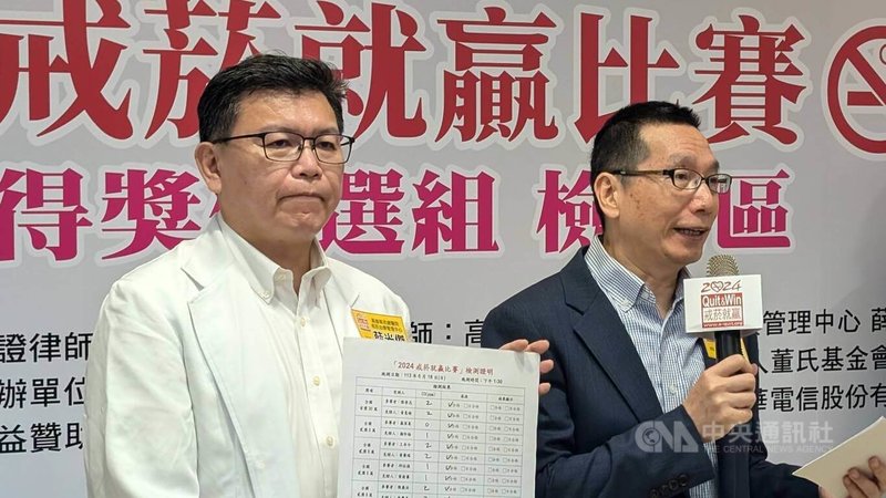 2024戒菸就贏比賽16日舉行公開檢測暨頒獎典禮，高雄榮民總醫院戒菸治療管理中心主任薛光傑（左）提醒，戒菸者有5成可能因心情差壓力大、朋友請難推辭等原因復抽，親友可多支持少碎念。中央社記者曾以寧攝  113年6月16日