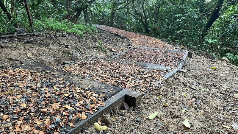 新北市觀光旅遊局18日表示,「微笑山線」山林步道修繕工程,以尊重自然及永續發展為設計理念。圖為拆除既有木作格框木料再利用,以碎石加木屑鋪面打造木作階梯,營造永續自然步道。(新北觀旅局提供)中央社記者黃旭昇新北傳真 113年6月18日