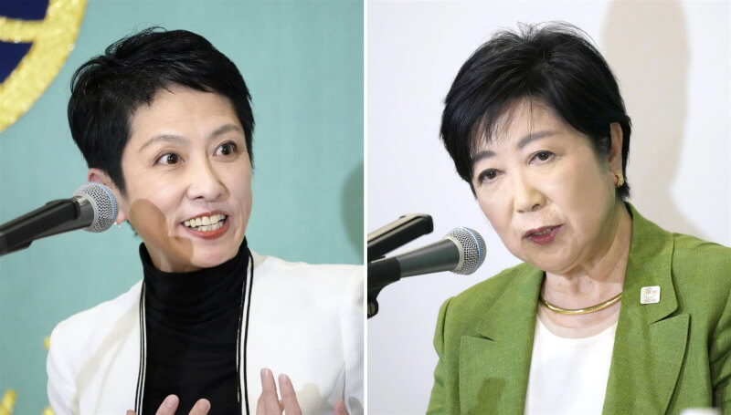 現任東京都知事小池百合子（右）與她的最強勁敵蓮舫（左）19日共同出席記者會。（共同社）