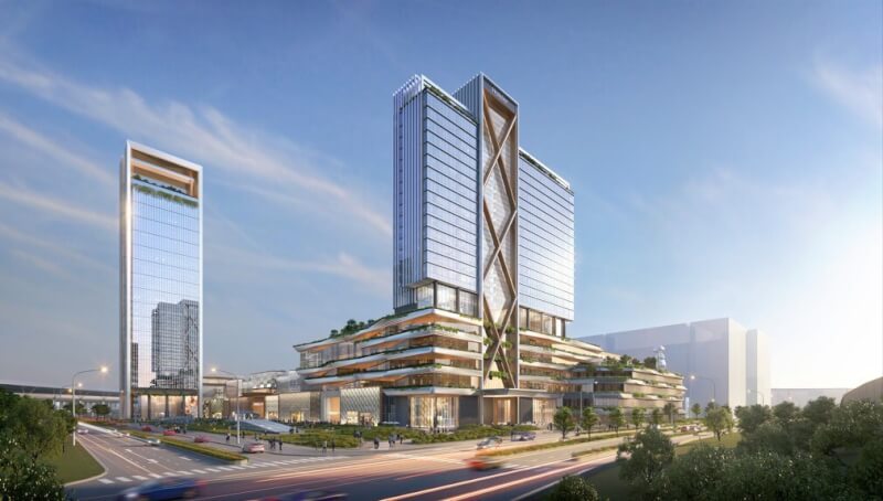 台中高鐵特區將興建百貨商城「高鐵娛樂購物城」,預計30日動土,業者與國際連鎖凱賓斯基飯店集團合作,預計將興建地下2層、地上24層的酒店。此為完工示意圖。(業者提供)中央社記者蘇木春傳真 113年6月20日