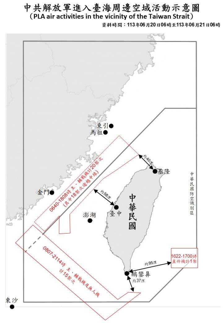 国军20日上午在台湾西南空域侦获15架次共机，最近距离鹅銮鼻约37浬。（图取自国防部网页mnd.gov.tw）