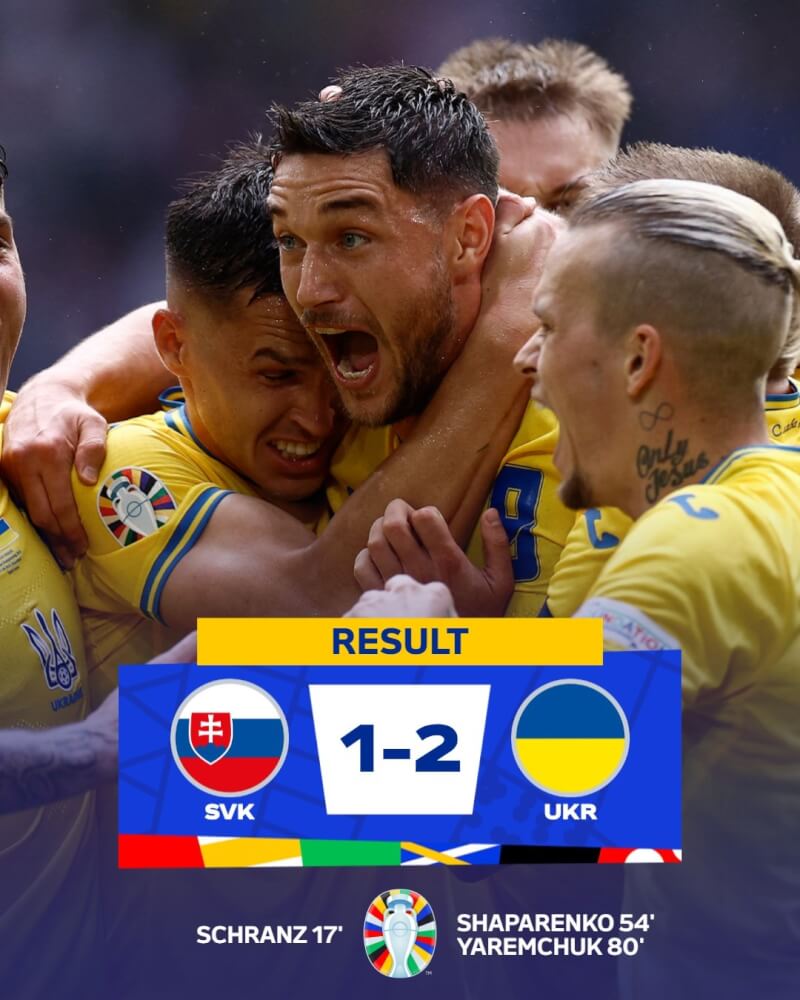 2024年歐洲國家盃，俄烏戰爭以來首次在國際賽亮相的烏克蘭，以2比1擊敗斯洛伐克拿下首勝。（圖取自x.com/EURO2024）