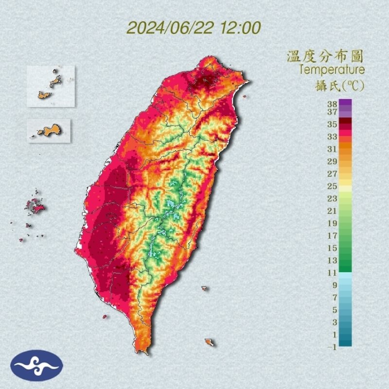 22日中午12時溫度分布圖。（圖取自中央氣象署網頁cwa.gov.tw）
