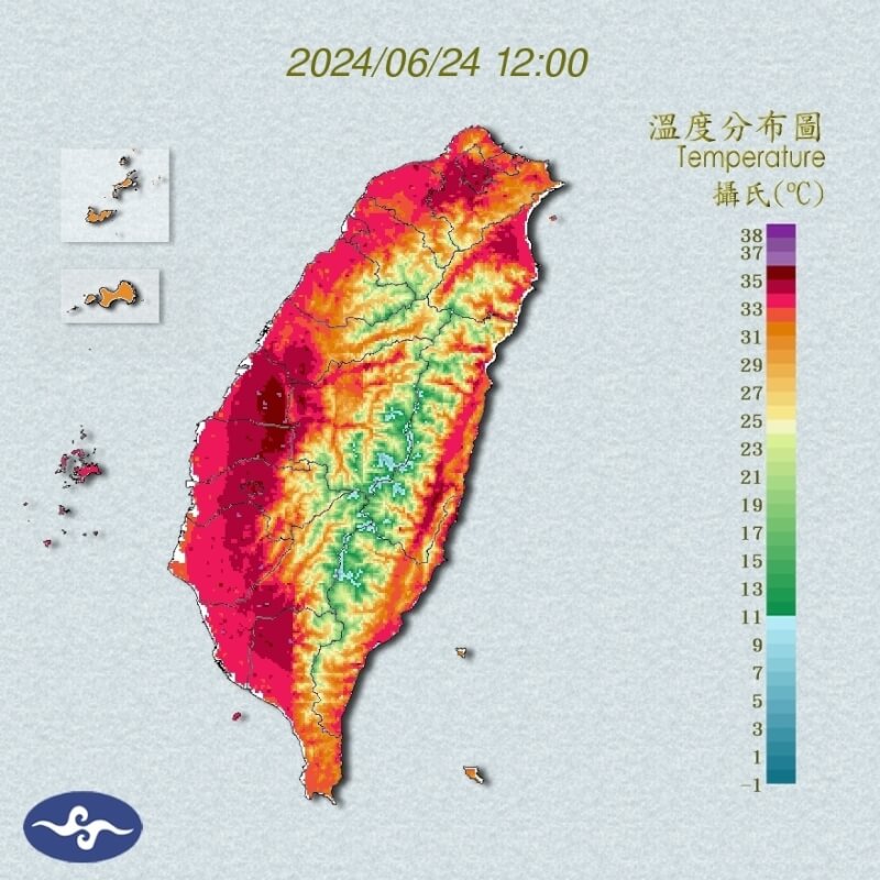 24日中午12時溫度分布圖。（圖取自中央氣象署網頁cwa.gov.tw）