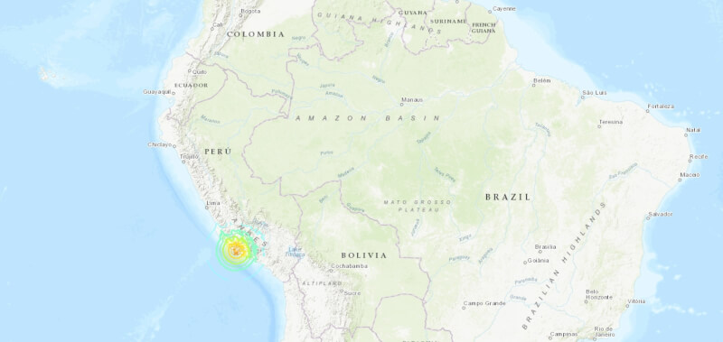 根據美國地質調查所（USGS），秘魯中部海岸外海28日發生規模7.2地震。（圖取自美國地質調查所網頁earthquake.usgs.gov）