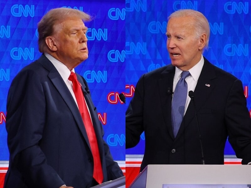 美國總統拜登（右）和共和黨對手川普（左）27日展開2024年大選首場電視辯論。（路透社）