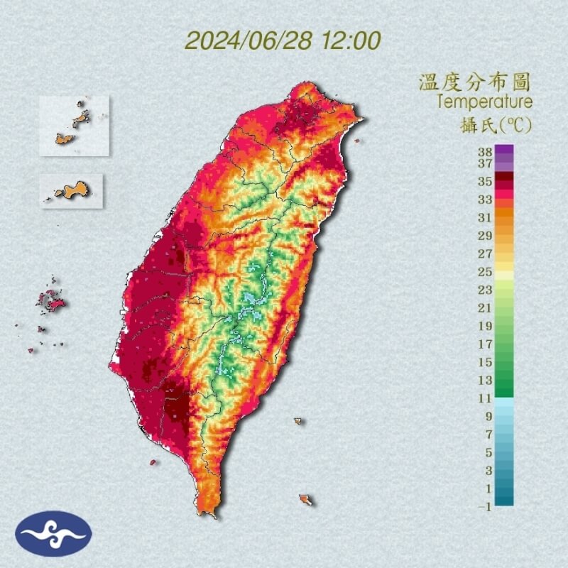 28日中午12時溫度分布圖。（圖取自中央氣象署網頁cwa.gov.tw）