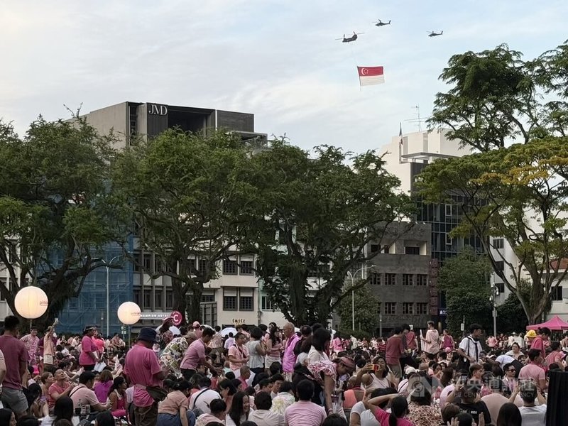 声援同性恋、双性恋和跨性别恋爱自由的新加坡「粉红点」活动，6月29日在新加坡芳林公园登场，今年迈入第16年。图为活动期间巧遇大幅新加坡国旗飞越上空。中央社记者吴升鸿新加坡摄  113年6月29日