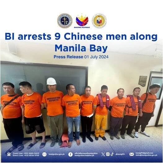 菲律賓移民局1日表示，日前逮捕9名從汽艇上非法下船的中國公民。（圖取自www.facebook.com/officialbureauofimmigration）