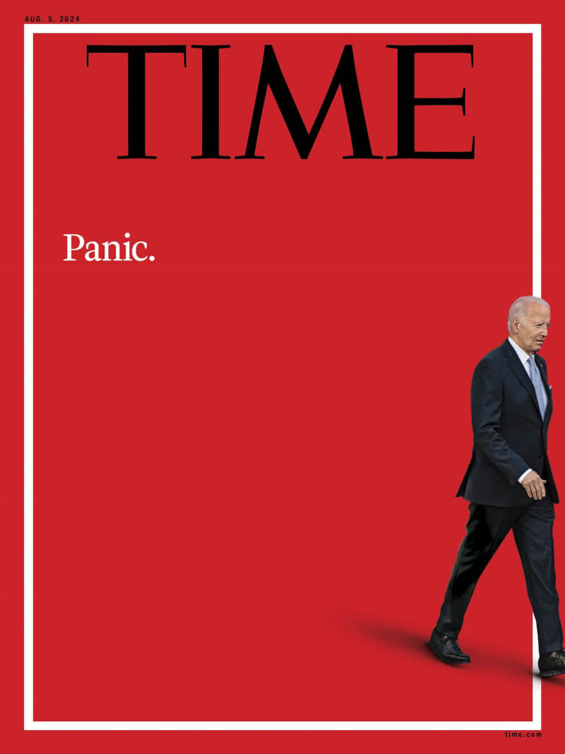 時代雜誌近日公布8月5日出版的封面，可看到拜登走出紅色背景，旁邊寫著「恐慌」。（圖取自x.com/TIME）
