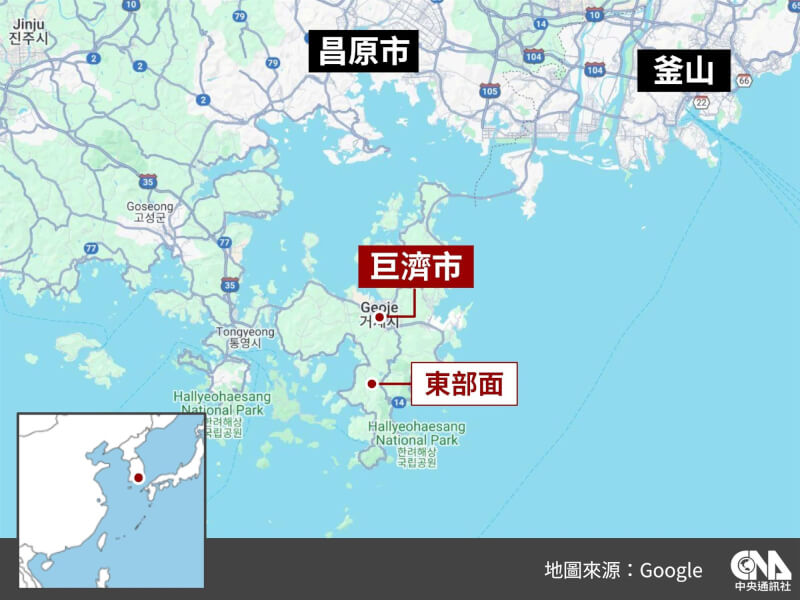 韓國當地時間3日中午12時30分左右，慶尚南道巨濟市東部面發生一起汽車與觀光巴士相撞事故，巴士上1名台灣遊客受傷。（中央社製圖）
