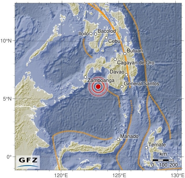 德國地球科學研究中心指出，菲律賓民答那峨島11日發生規模6.7地震。（圖取自德國地球科學研究中心網頁gfz-potsdam.de）