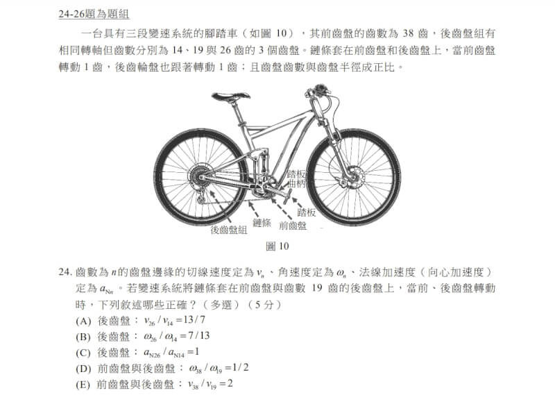113學年度分科測驗物理科，補教解題團隊預估較去年難一些，其中第24到26題組考腳踏車變速系統的原理，是108課綱較少著墨的「轉動」概念。（圖取自大考中心網頁ceec.edu.tw）