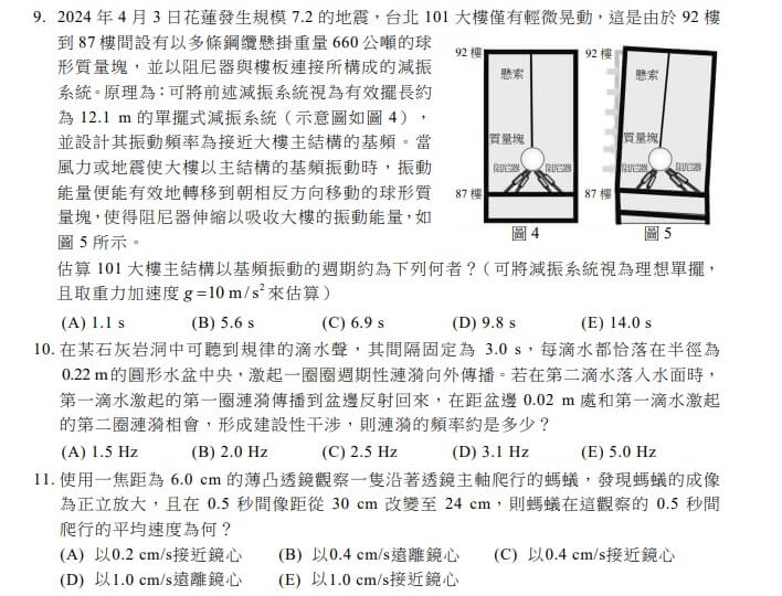 113學年度分科測驗物理科取材時事，考到台北101大樓的阻尼器減震系統。（圖取自大學入學考試中心網頁ceec.edu.tw）