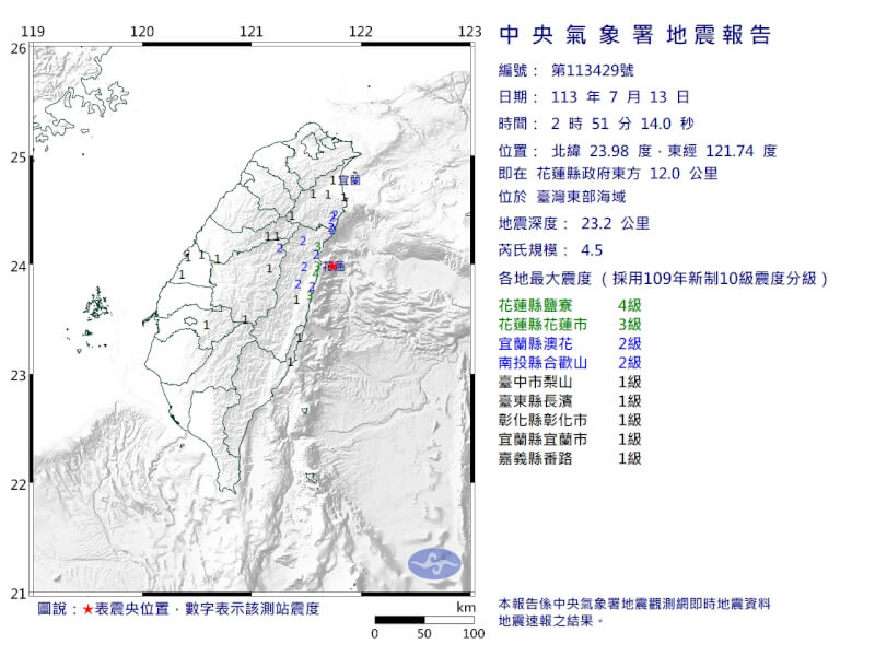 13日2時51分發生芮氏規模4.5地震，震央位於台灣東部海域。（圖取自中央氣象署網頁cwa.gov.tw）