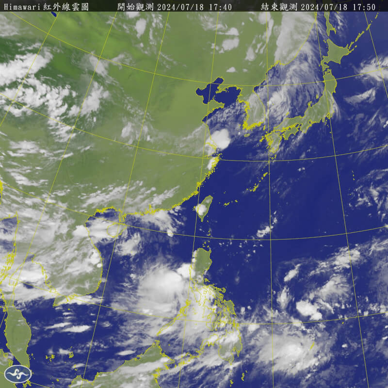 氣象署18日表示，菲律賓東、西方海面各有一個熱帶系統醞釀，皆有在週末增強成颱風的機會。圖為18日晚間5時50分衛星雲圖。（圖取自中央氣象署網頁cwa.gov.tw）