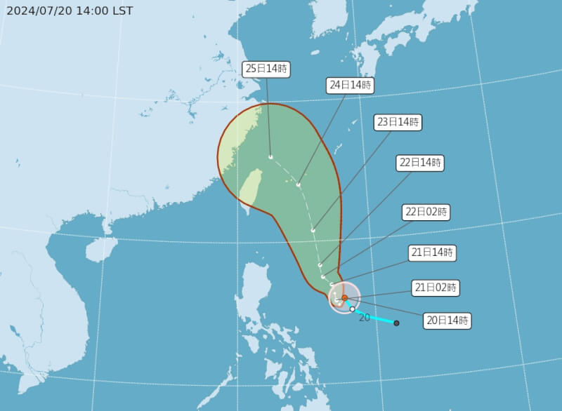 菲律賓東方海面的熱帶性低氣壓20日下午2時增強為颱風凱米。（圖取自中央氣象署網頁cwa.gov.tw）