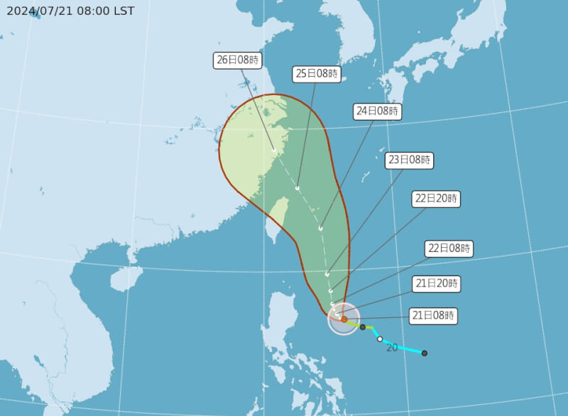 颱風凱米路徑預測圖。（圖取自氣象署網頁cwa.gov.tw）