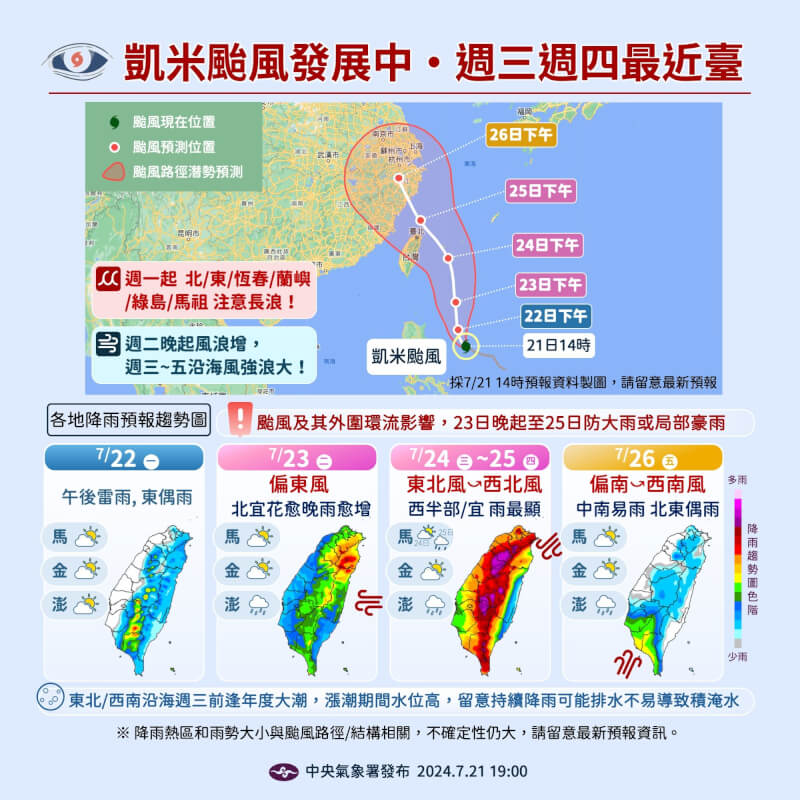 氣象署表示，22日下半天起受凱米颱風外圍環流影響，基隆北海岸及東半部轉雨。（圖取自facebook.com/cwa.weather）